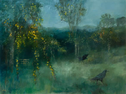 Bridget Macdonald, Crows in the September Orchard, 2019, oil on linen, 76.2 x 101.6 cm