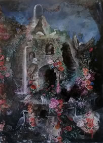 Dolly Thompsett, Fortress with Figures and Creatures, 2014, oil on canvas, 150 x 110 cm
