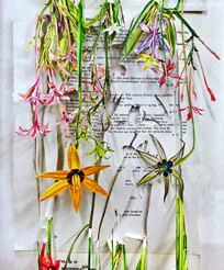 Jack Milroy, Flowerfall III, 2018, cut & constructed book pages, 205 x 30 x 10 cm