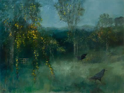 Bridget Macdonald, Crows in the September Orchard, 2019, oil on linen, 76 x 102 cm