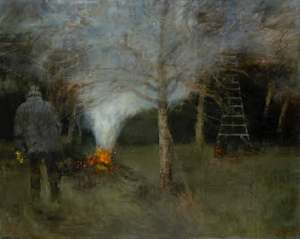 Bridget Macdonald, March Pruning with the Japanese Ladder, 2023, oil on linen, 101 x 127 cm