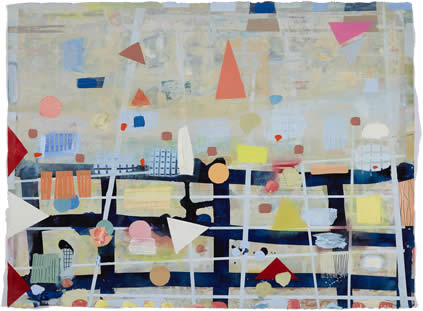 Kevin Laycock, Invention 3  after Gawthorpe quilt collection, 2023, oil on paper, 56 x 77 cm