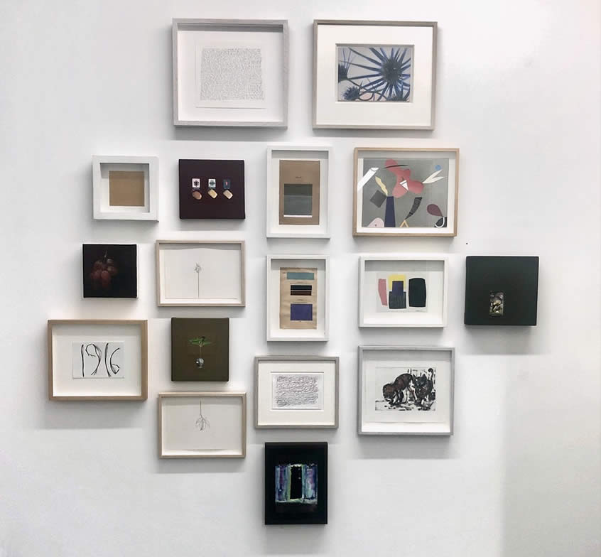 Installation view of some small works by Luciano Bonomi, Gillian Lever, Simon Lewty, Alex Lowery, Helen MacAlister, Kate McCrickard,  Simon Morley, Bridget Macdonald