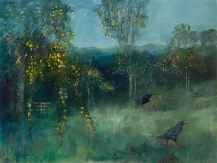 Bridget Macdonald,  Crows in the September Orchard, 2019, oil on linen, 76.2 x 101.6 cm