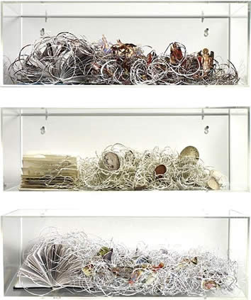 Jack Milroy, Clouds Nest Water, 2014, cut book pages, in Perspex boxes, 84 x 61 cm