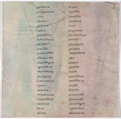 Simon Lewty, Nereid List: Galatea - Dexamene, 2019, acrylic and ink on tissue on paper, 25.2 x 25.4 cm