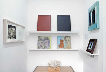 Installation image 4: Simon Morley [top]; Partou Zia [lower shelf]; Will Maclean [left]; Gillian Lever [right]