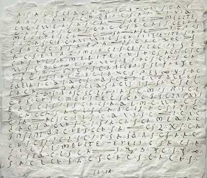 Simon Lewty, Nereid: Melite, 2018, tachygraphy text, ink on gesso on paper, 26 x 26 cm