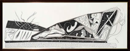 Simon Lewty, Ritual of an Ancient Window, 1978, pen and ink on paper, 49.5 x 129.5 cm