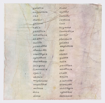 Simon Lewty, Nereid List: Galatea - Dexamene, 2019, ink on tissue on paper, 25.2 x 25.4 cm