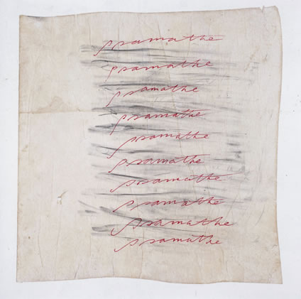 Simon Lewty, Psamathe, 2019, red ink on tissue on paper, 28 x 28 cm