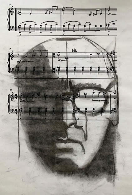 Teniqua Crawford, Portrait: Michael Nyman, charcoal on sheet music, 34 x 25 cm