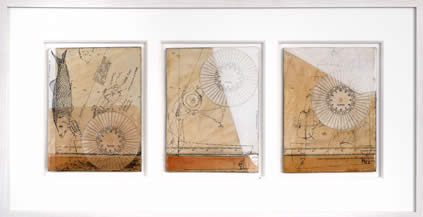 Will Maclean, Chart Triptych, 2018, mixed media on 3 boards, 20.5 x 52.5 cm